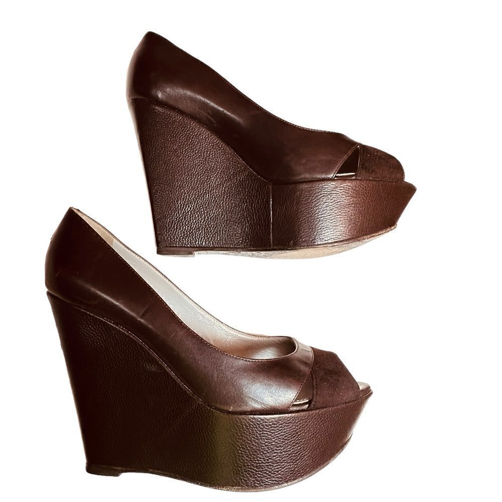 Sergio Rossi Brown Leather Open Toe Platform Wedge Size 37.5 (US Size 7)